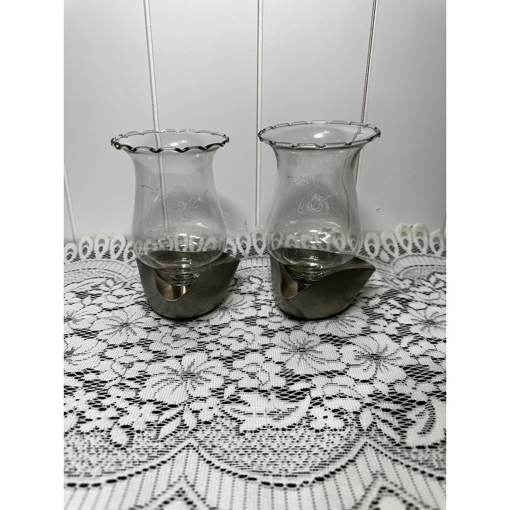 Princess House Heritage Etched Glass Votive Candle Holders Metal Bases Set of 2